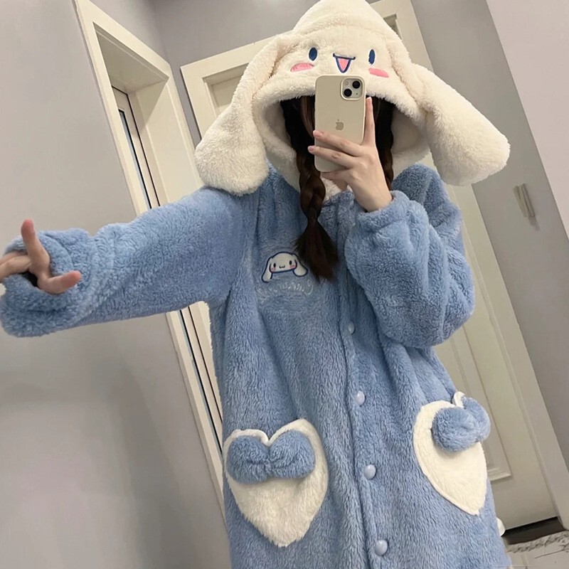 Winter Thickened Coral Fleece Cardigan Long Nightgown Cartoon Cinnamoroll Pajamas Student Fleece Flannel Loungewear