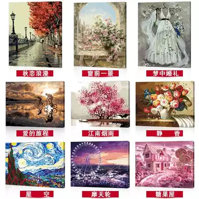 Hand painting decoration Nordic style digital oil painting flower building animation girl digital painting decompression Castle background wall