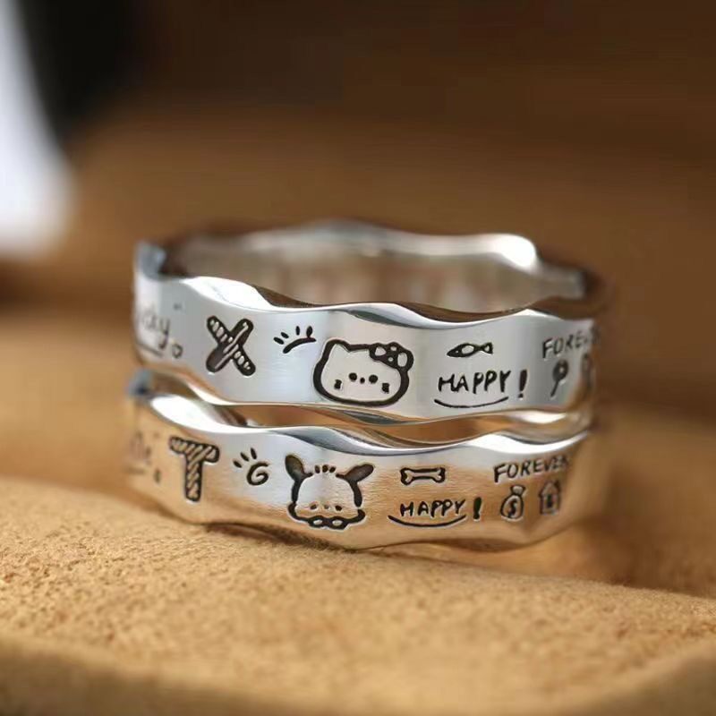 Pacha Dog Ring Cartoon Graffiti Ring Wavy Edge Couple Ring Male and Female Cat Anime Little Girl Gift