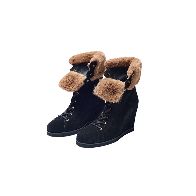 Nona Vold Yi Mengling's Same Style Suede Retro Mink Fur Casual Cowhide Inner Height-Increasing Wedge Short Boots Nona Vold Yi Mengling's Same Style Suede Retro Mink Fur Casual Cowhide Inner Height-Increasing Wedge Short Boots
