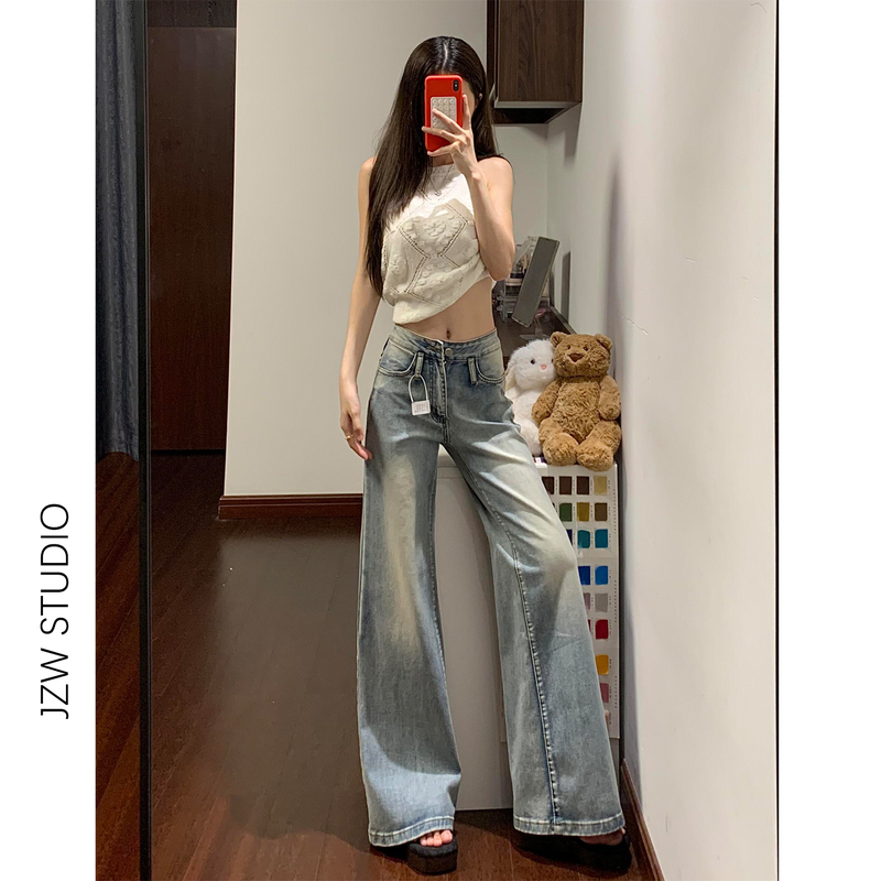 Jzwm American-Style Design Bamboo Texture Flared Jeans for Women, Summer Stretchy Slim-Fit Floor-Length Bootcut Pants
