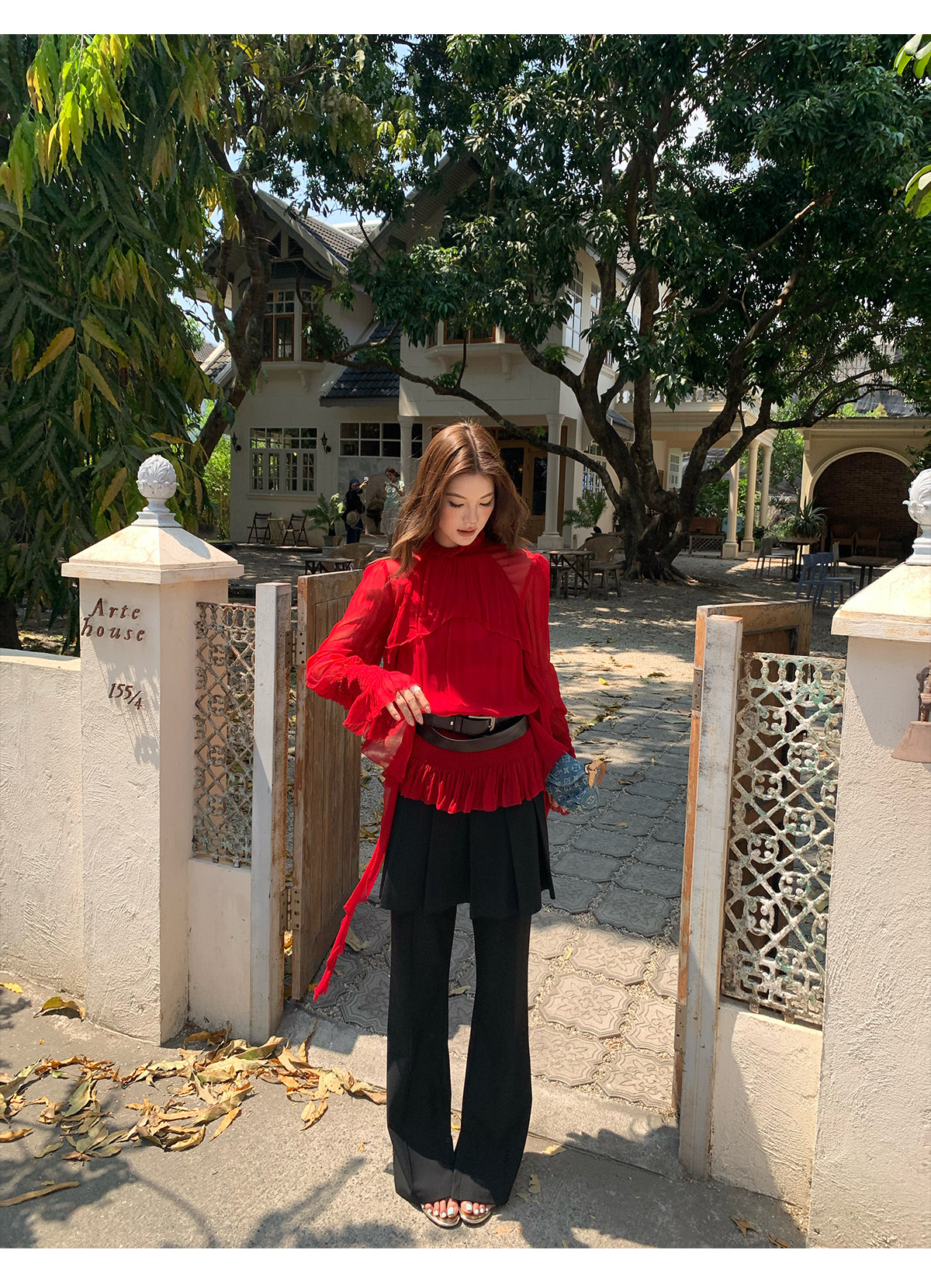 马儿MAR женские повседневные брюки с имитацией двухслойности и плиссированной задней вставкой, черные, стройнящие, универсальные, длинные с разрезами