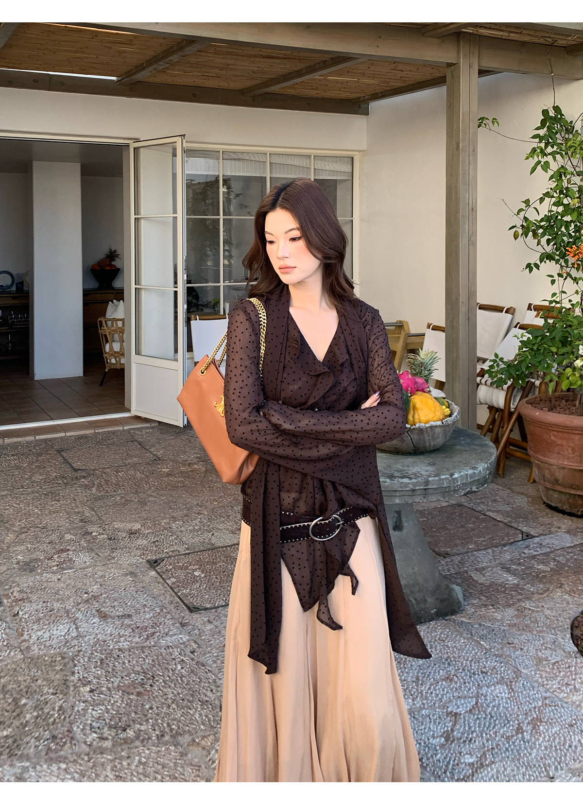 马儿MAR французская ретро блузка с лентами V-образным вырезом в горошек длинный рукав женская дизайнерская приталенная элегантная рубашка