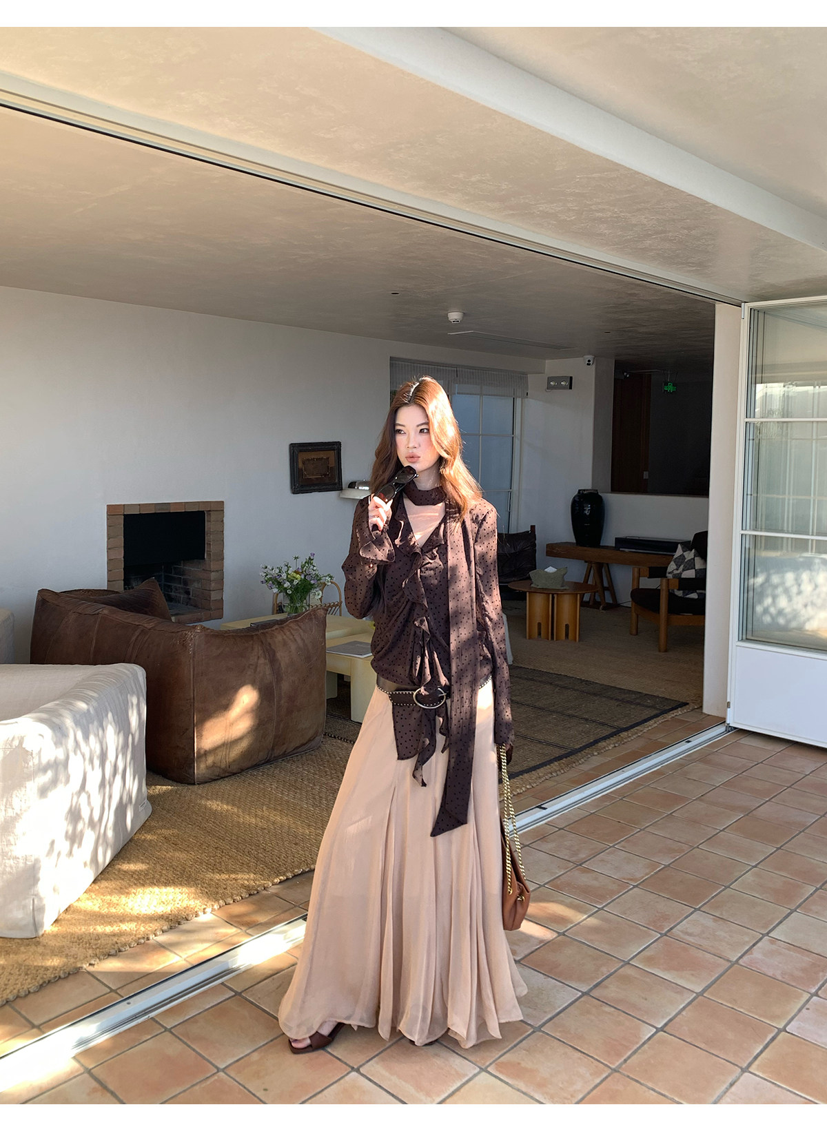 马儿MAR французская ретро блузка с лентами V-образным вырезом в горошек длинный рукав женская дизайнерская приталенная элегантная рубашка