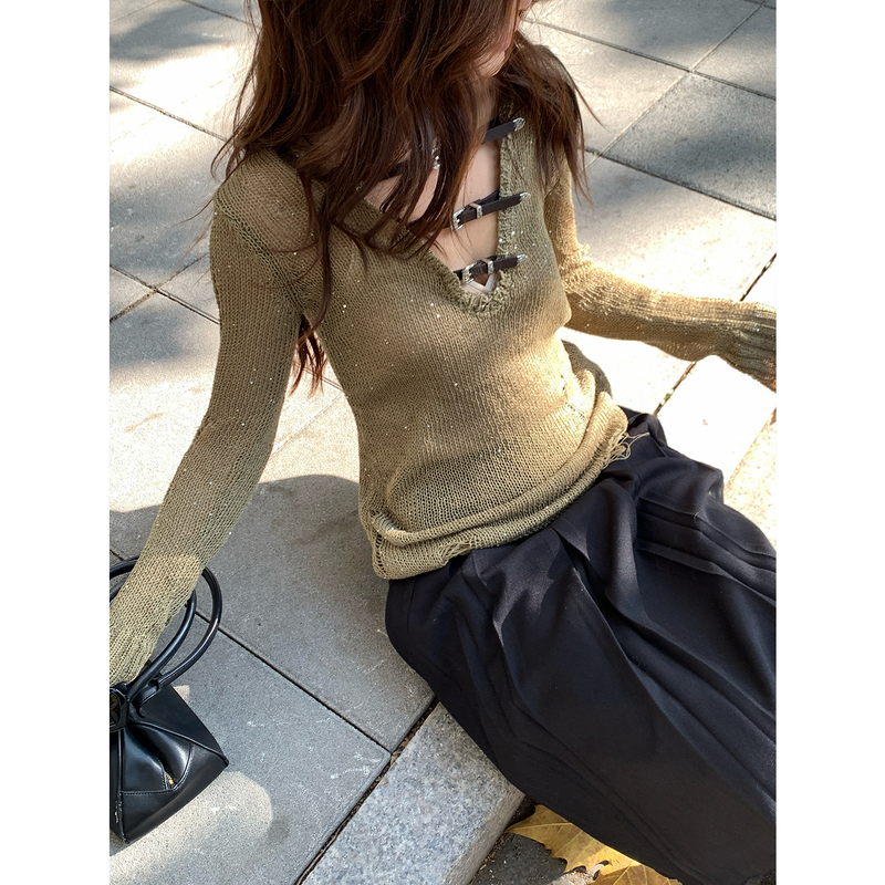 Mar Autumn/Winter New Design Belt Buckle Sequin Sweater for Women, Long Sleeve Slim Fit Elegant Top