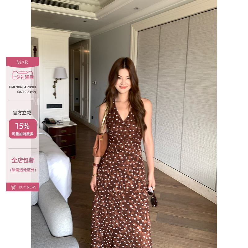 Mar Retro V Neck Jacquard Textured Polka Dot Dress for Women Summer Waist-Cinching Strapless Sleeveless Long Dress Mar Retro V Neck Jacquard Textured Polka Dot Dress for Women Summer Waist-Cinching Strapless Sleeveless Long Dress