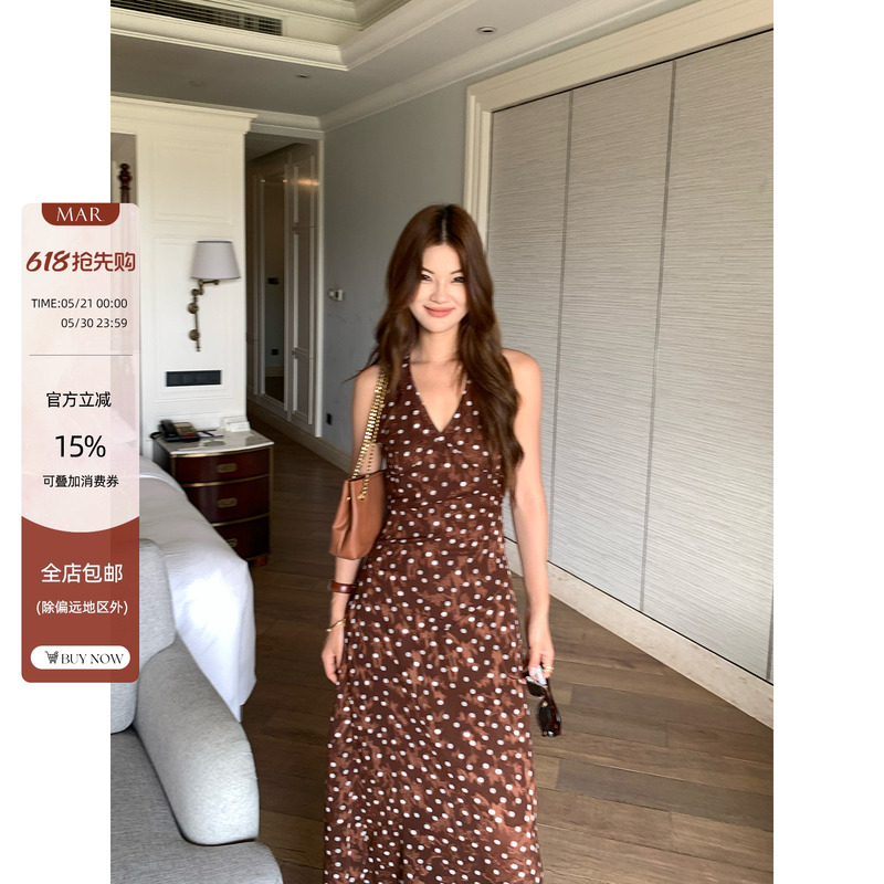 Mar Retro V Neck Jacquard Textured Polka Dot Dress for Women Summer Waist-Cinching Strapless Sleeveless Long Dress