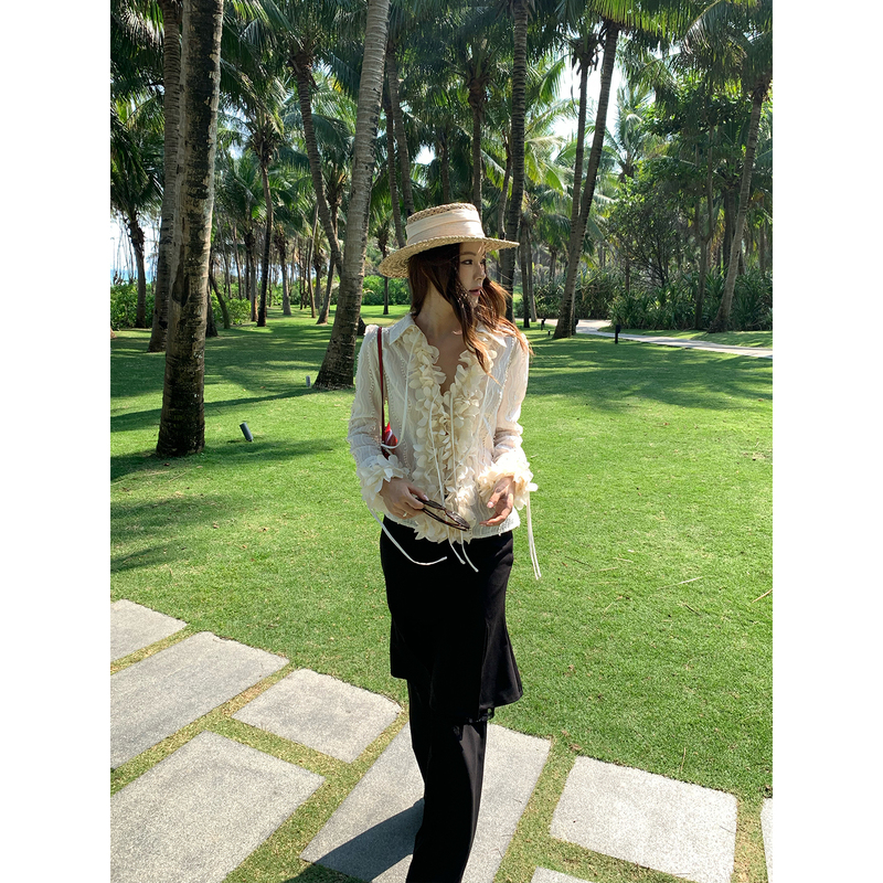 Mar Tencel Blend Three-Dimensional Floral Shirt for Women, Textured Lace Tie, Unique Slimming Long-Sleeve Top Mar Tencel Blend Three-Dimensional Floral Shirt for Women, Textured Lace Tie, Unique Slimming Long-Sleeve Top