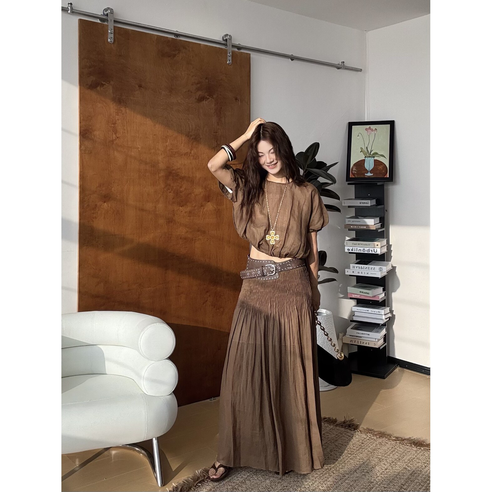 MAR летний новый ретро льняной повседневный комплект из двух предметов с короткими рукавами и плиссированной юбкой с поясом для женщин