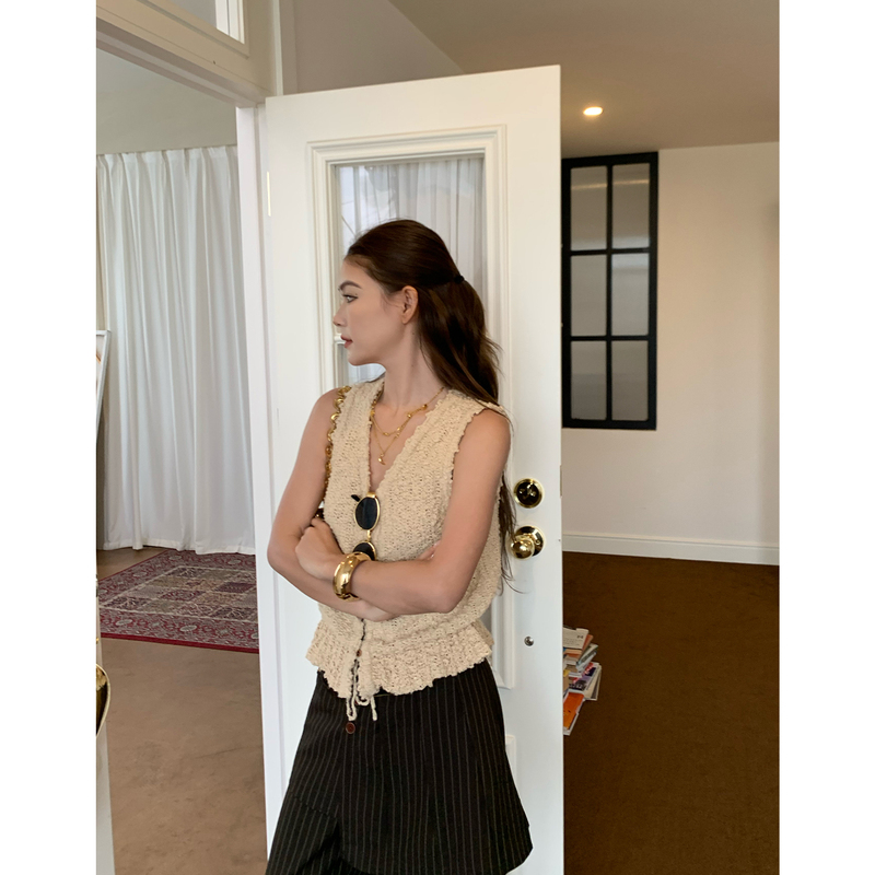 Mar Retro Vintage Style Hollow-Out Textured Knit V-Neck Sleeveless Vest for Women Summer Workwear Top