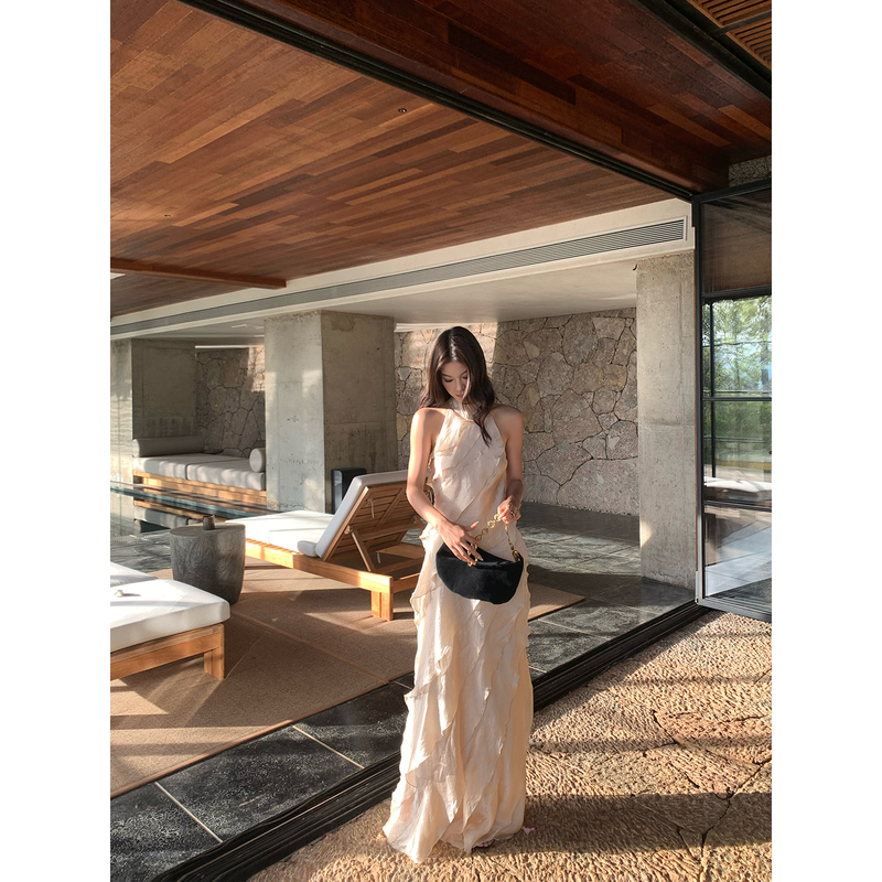 Mar Southern French Holiday Elegant Sleeveless Halter Dress for Women Summer Layered Skirt Waist-Cinching Stunning Long Dress