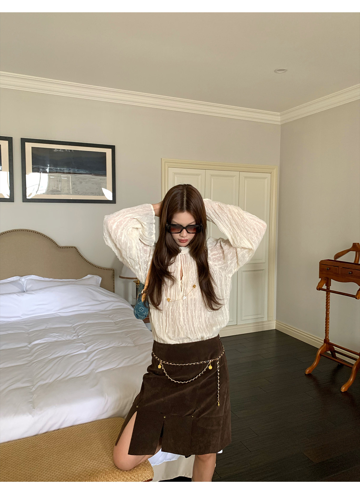 马儿MAR весенне-летняя женская рубашка с завязками на воротнике и складками, длинный рукав