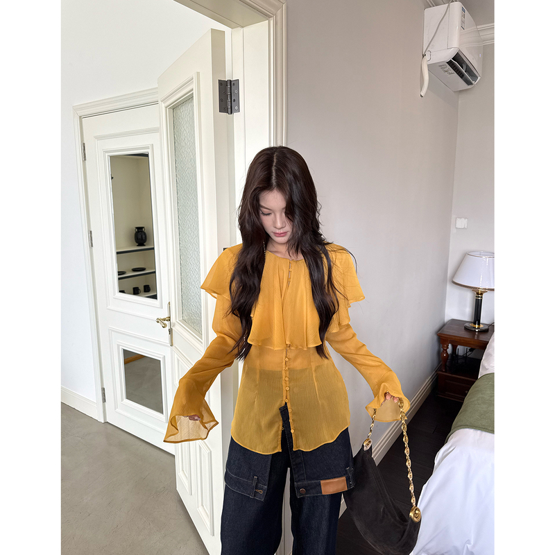 Mar French-Style Gentle Yellow Ruffled Shirt for Women, Long-Sleeved, Sun-Protective, Slimming, Elegant, Age-Reducing Top