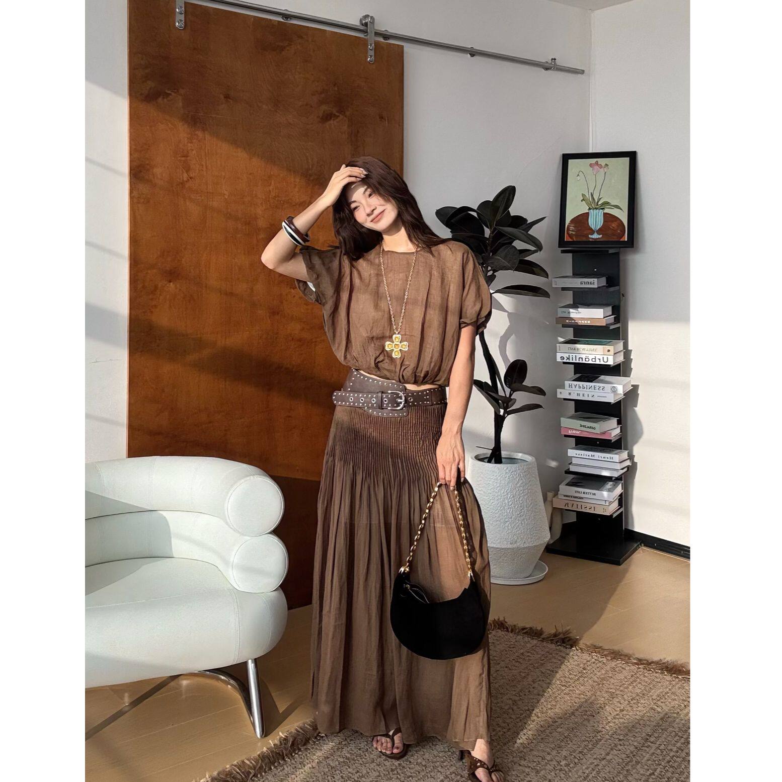 MAR летний новый ретро льняной повседневный комплект из двух предметов с короткими рукавами и плиссированной юбкой с поясом для женщин