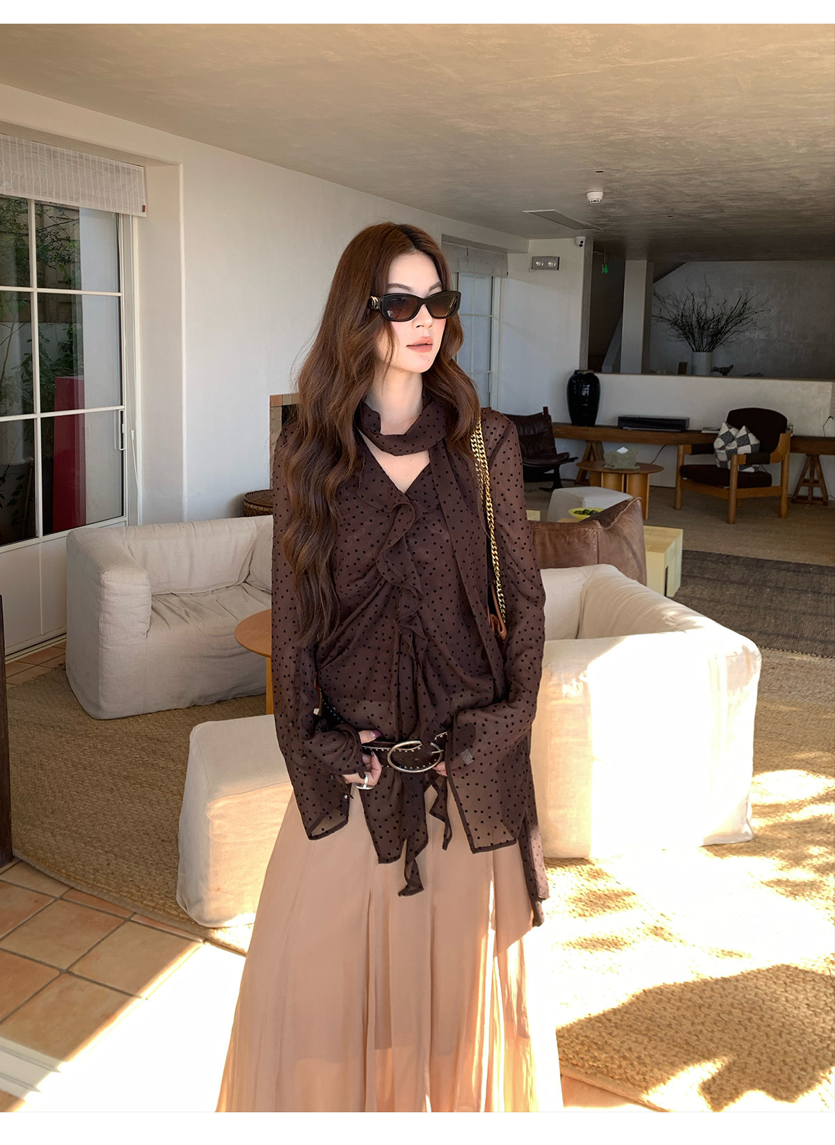 马儿MAR французская ретро блузка с лентами V-образным вырезом в горошек длинный рукав женская дизайнерская приталенная элегантная рубашка