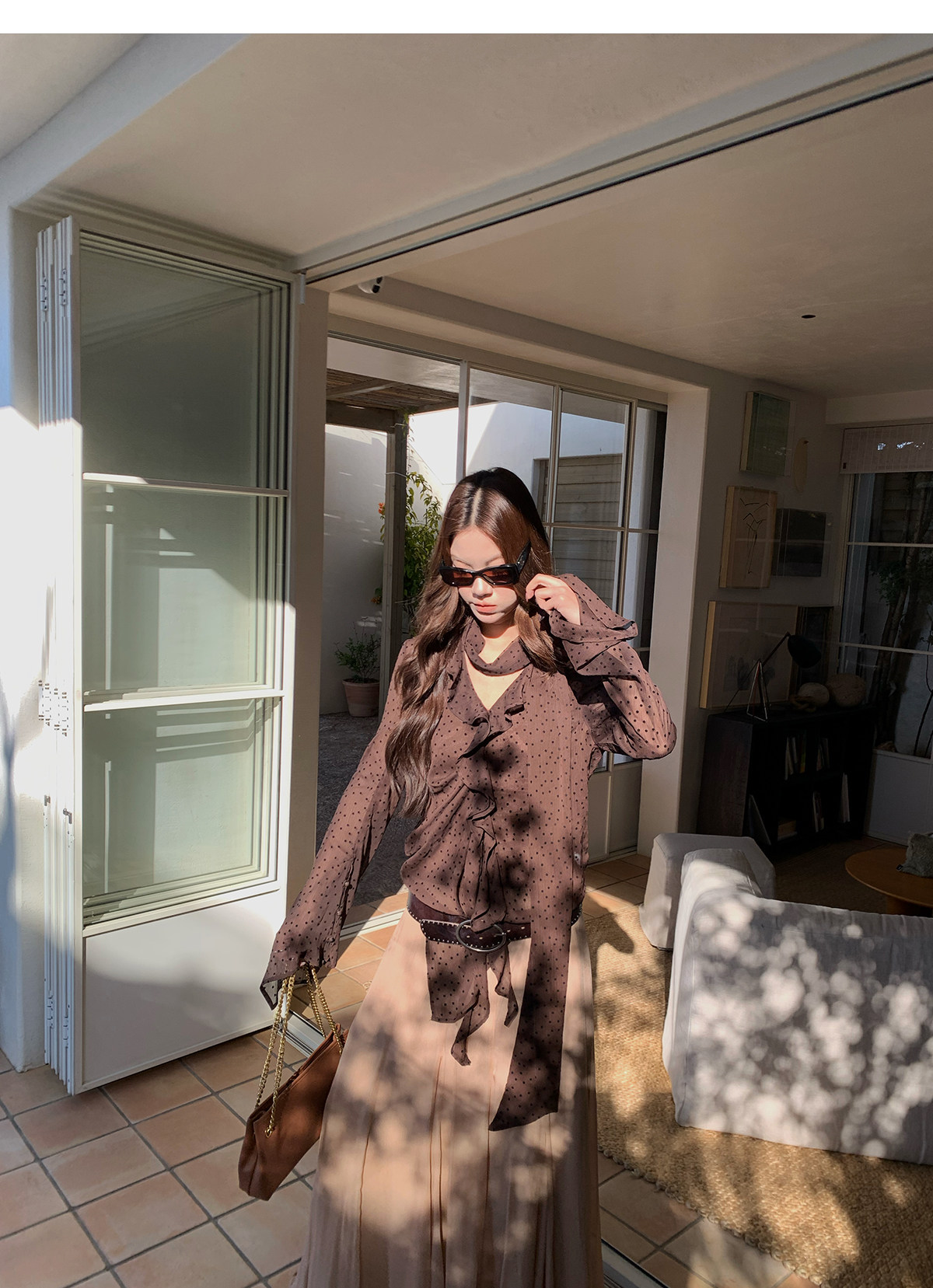 马儿MAR французская ретро блузка с лентами V-образным вырезом в горошек длинный рукав женская дизайнерская приталенная элегантная рубашка