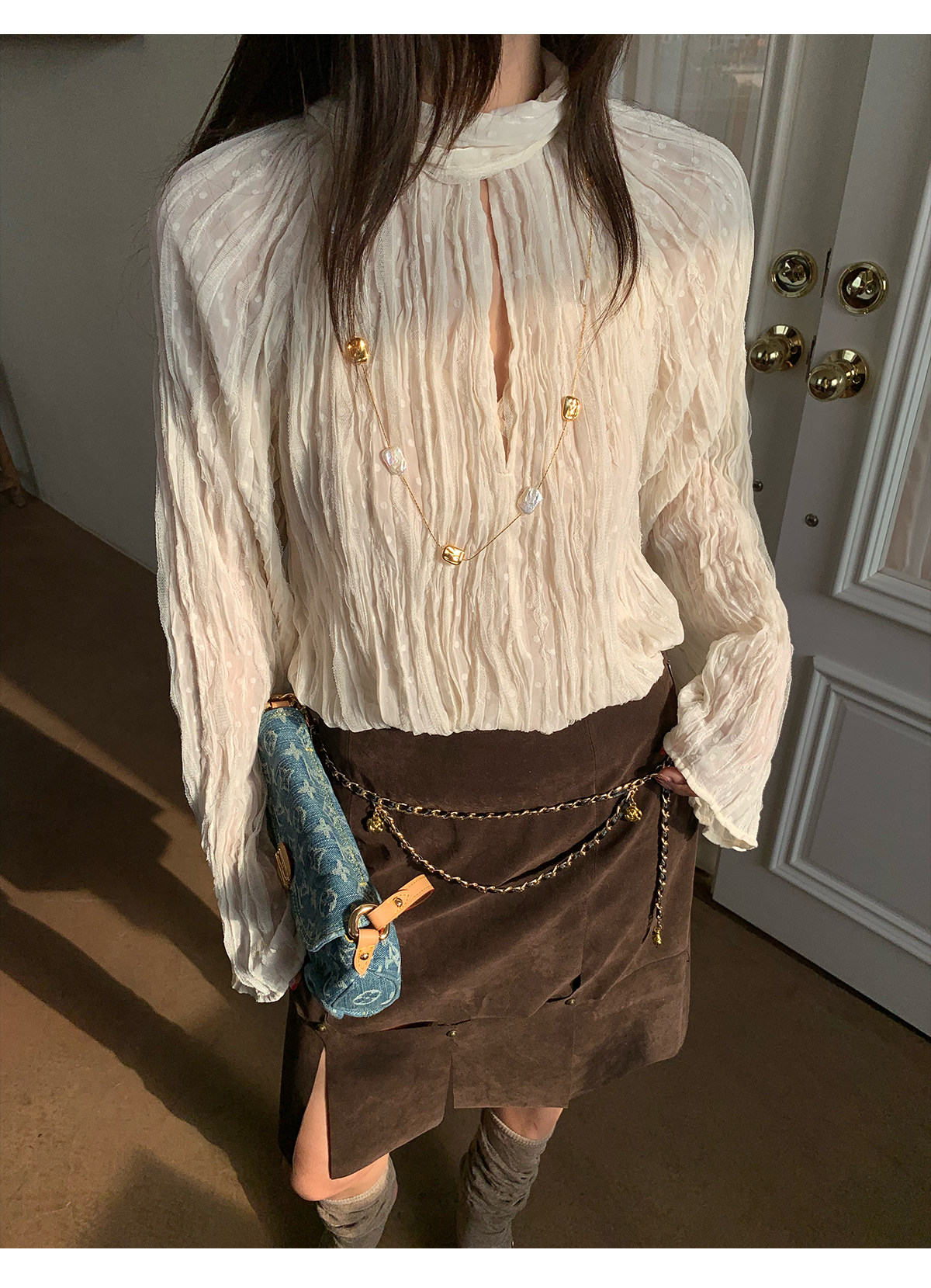 马儿MAR весенне-летняя женская рубашка с завязками на воротнике и складками, длинный рукав