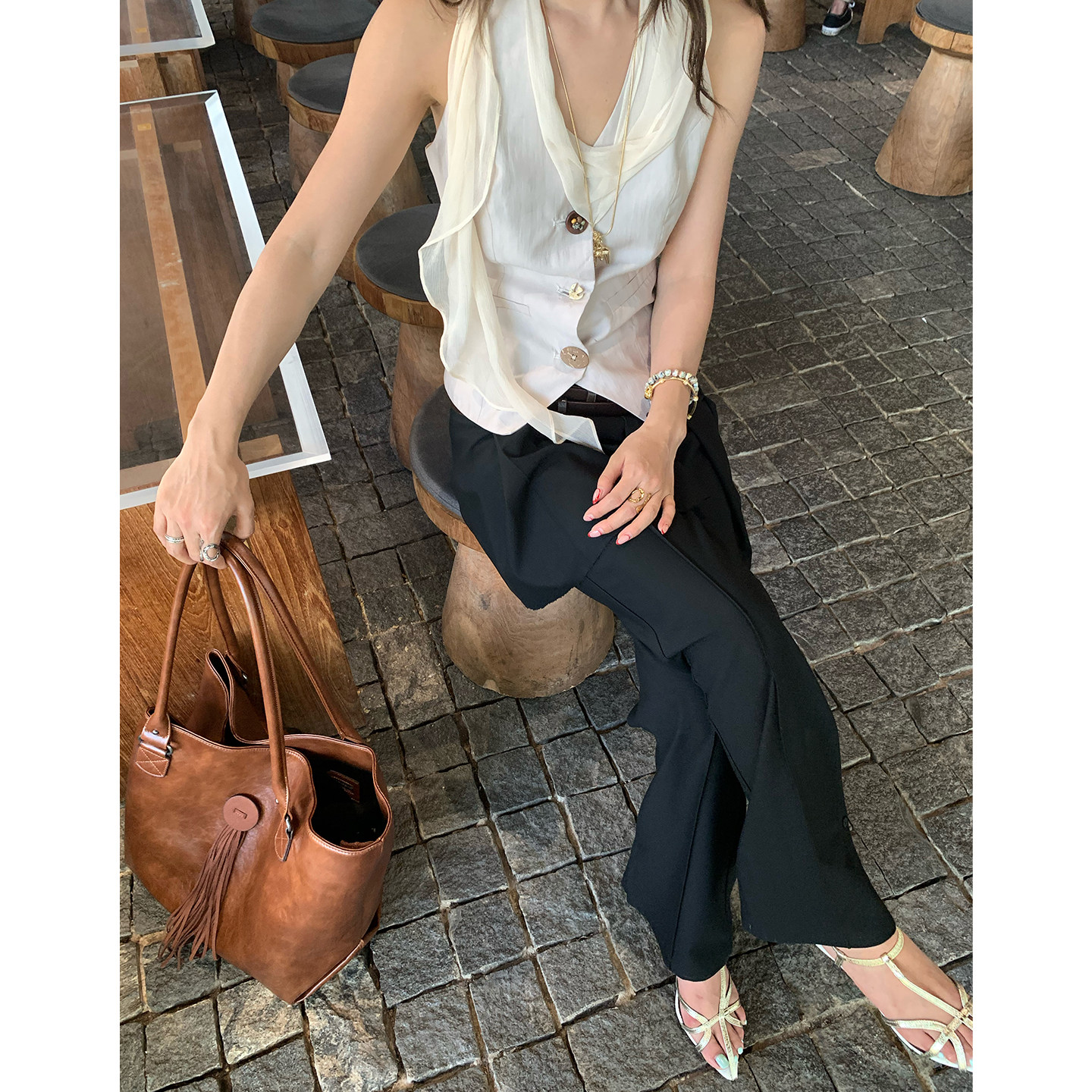 马儿MAR женские повседневные брюки с имитацией двухслойности и плиссированной задней вставкой, черные, стройнящие, универсальные, длинные с разрезами