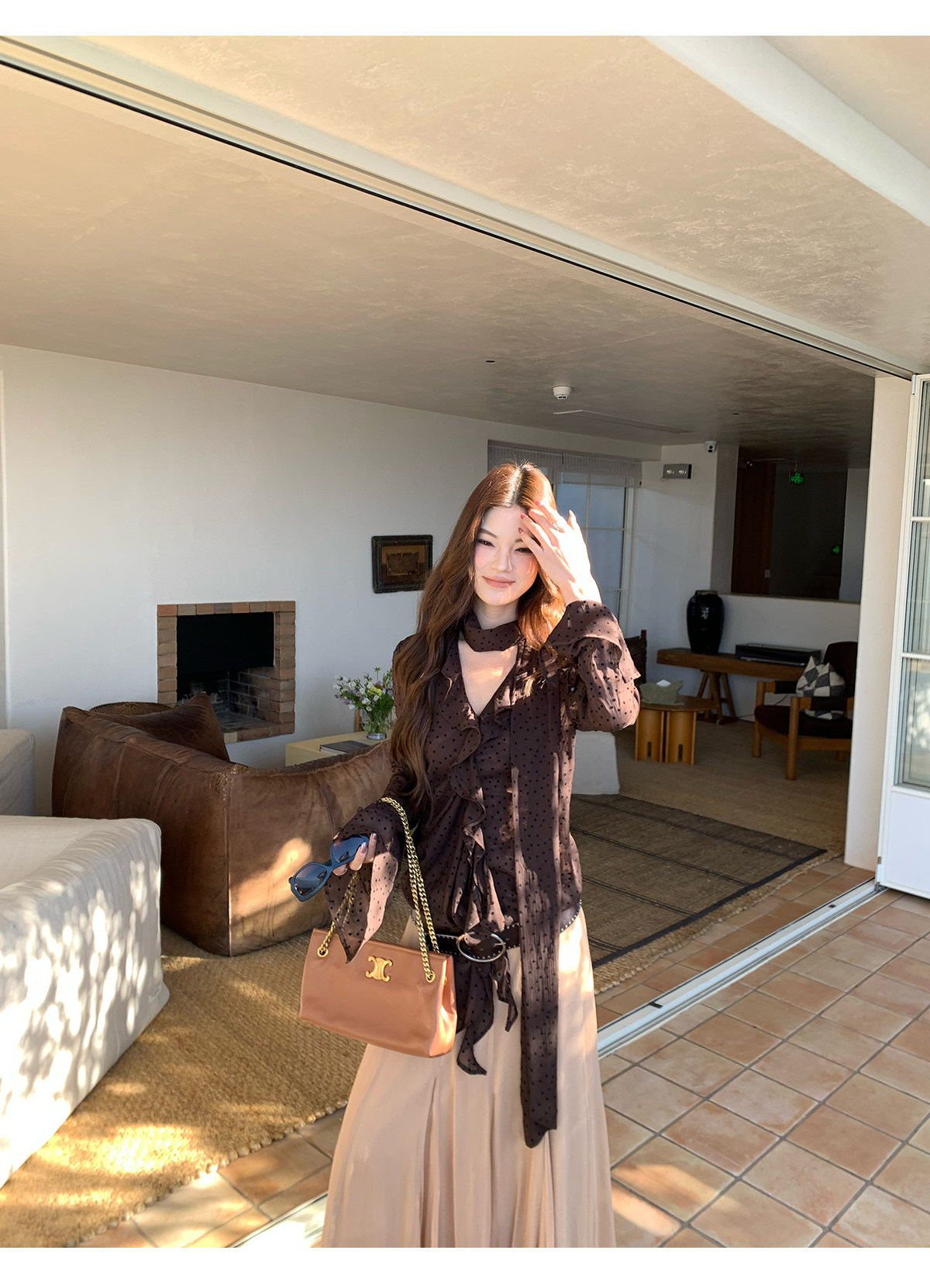 马儿MAR французская ретро блузка с лентами V-образным вырезом в горошек длинный рукав женская дизайнерская приталенная элегантная рубашка