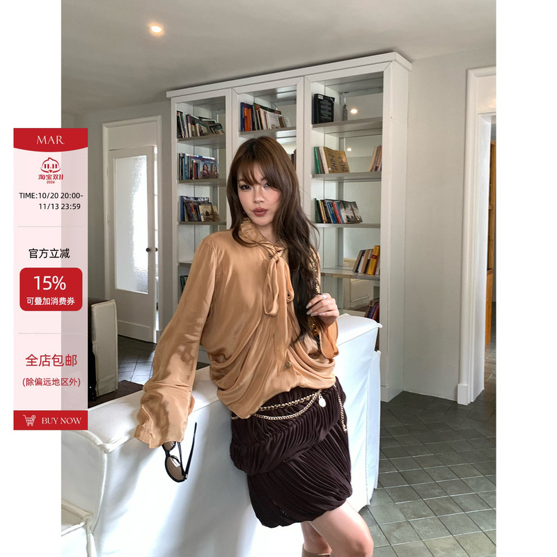 Mar French Elegant Style 100% Rayon Lapel Tie Shirt Women's Long-Sleeved Commuter Design Top Mar French Elegant Style 100% Rayon Lapel Tie Shirt Women's Long-Sleeved Commuter Design Top