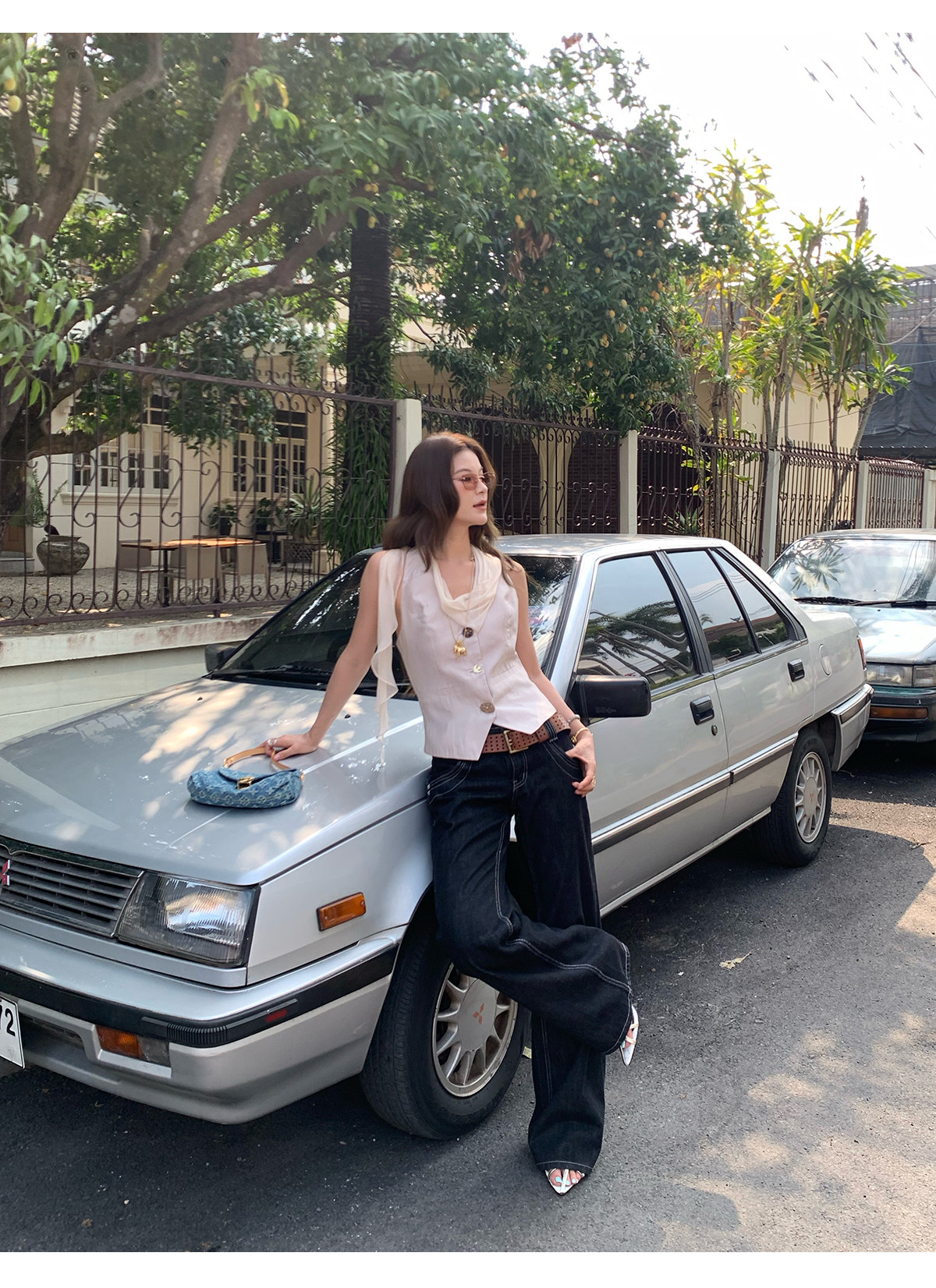 马儿MAR винтажные джинсы с контрастной строчкой женские весна-лето широкие прямые стройнящие свободные черные длинные брюки