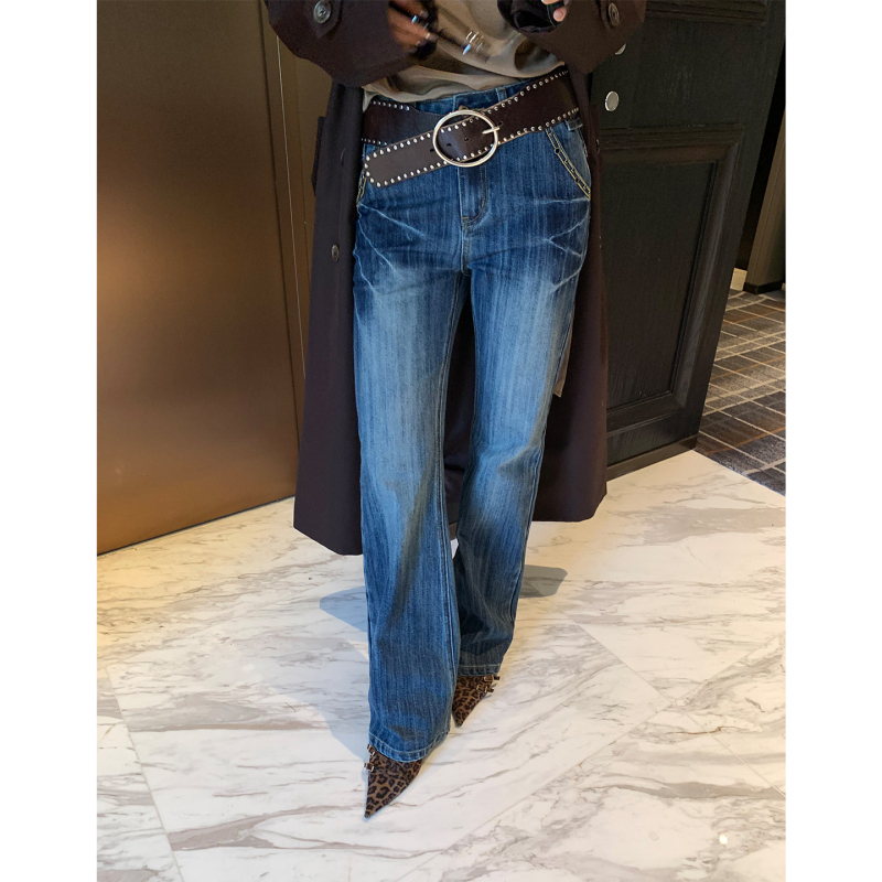 Mar Classic Retro Mid-Low Waist Flared Jeans for Women, Washed Blue Straight-Leg Slimming Long Pants Mar Classic Retro Mid-Low Waist Flared Jeans for Women, Washed Blue Straight-Leg Slimming Long Pants