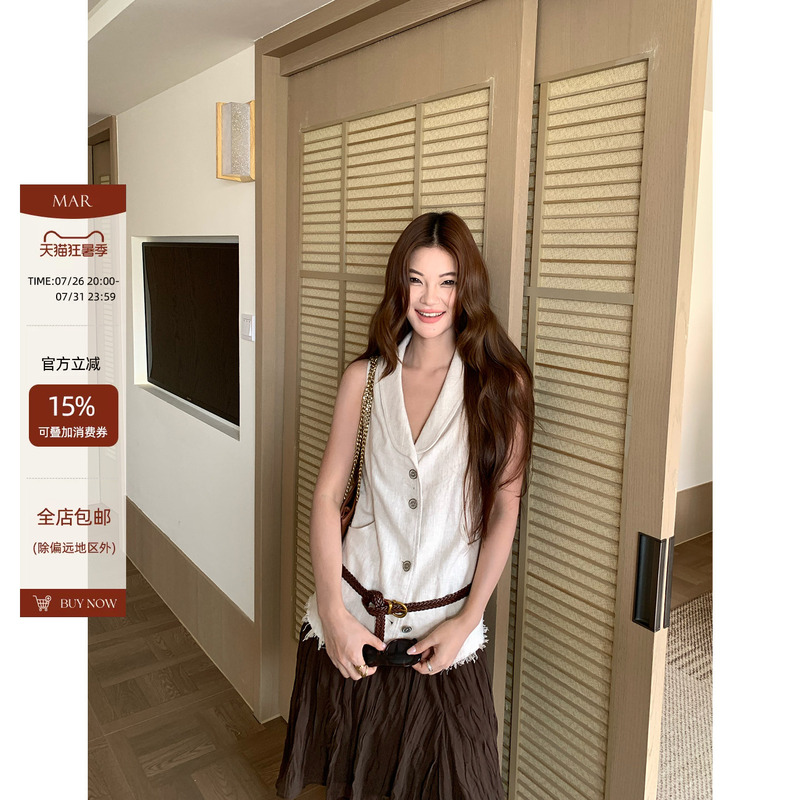 Mar Summer Linen V-Neck Vest for Women, White Button-Up Slimming Versatile Top, Minimalist Style Mar Summer Linen V-Neck Vest for Women, White Button-Up Slimming Versatile Top, Minimalist Style