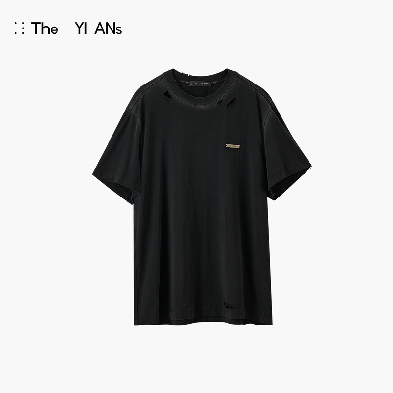 Theyians 26 Spring and Summer New Style Washed Inkjet Distressed Embroidery Braille Tassel Niche Short-Sleeved Cotton T-Shirt