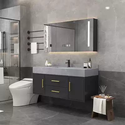 Rock board one bathroom cabinet combination modern simple cosmetic room sink wash table mirror cabinet light luxury solid wood bathroom