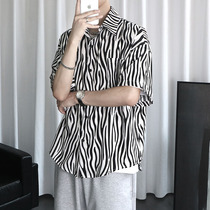 Mens harbor style summer loose casual jacket zebra stripes design sense niche Korean short sleeve shirt