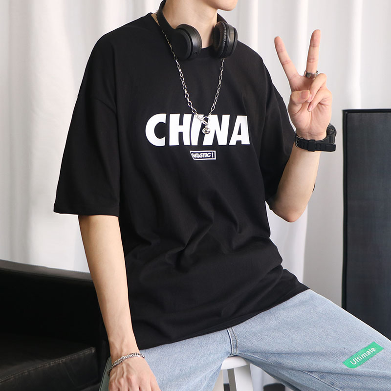 Short Sleeve Male Tide Card Trendy Easy Port Wind T-shirt 100 hitch Han version printed half sleeve ins2022 new summer T-shirt