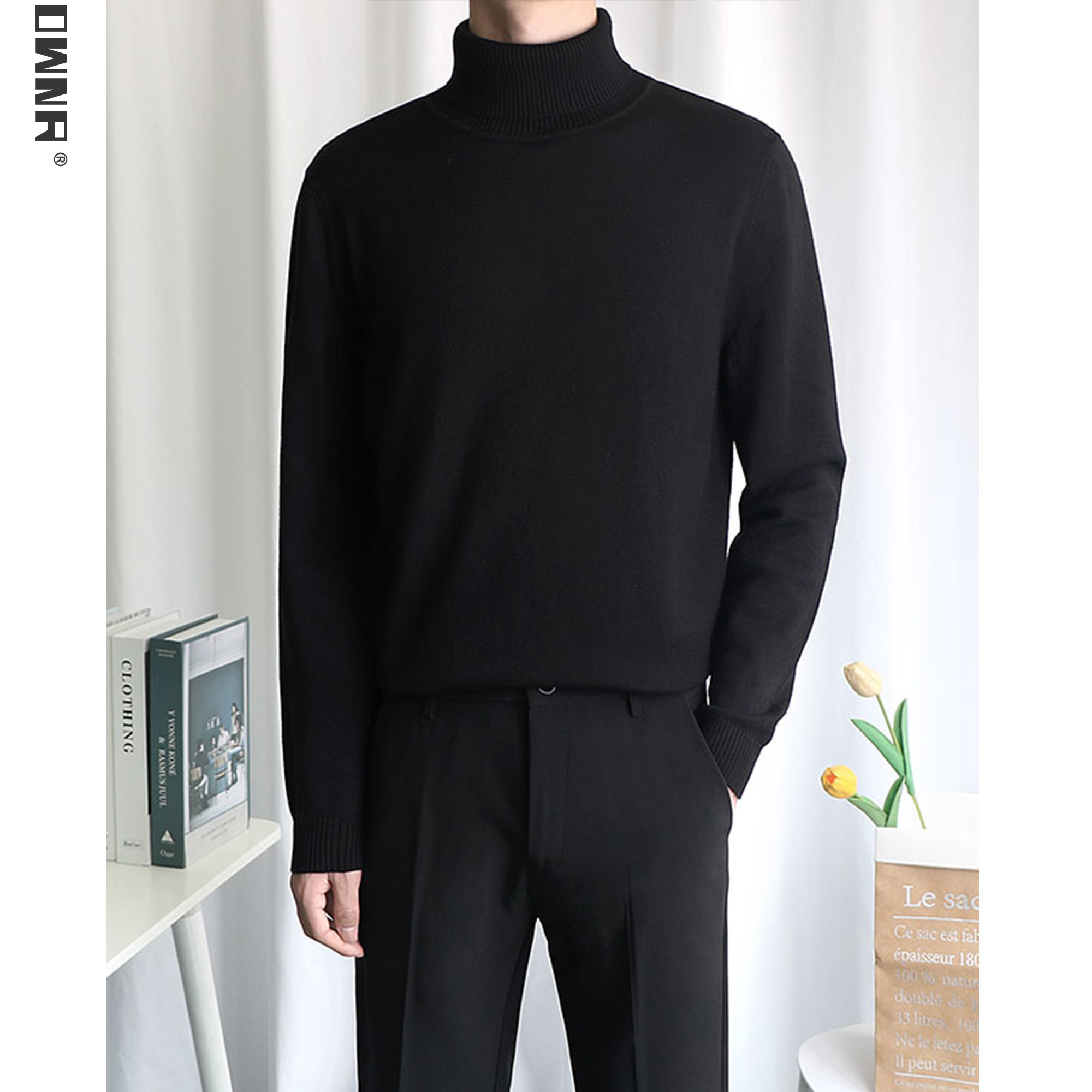 High collar sweater men's body black autumn and winter plus suede thickened needle weaters Korean version trendy men hitch undershirt-Taobao