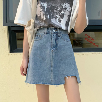 Summer Blue High Waist A Character Denim Short Skirt Woman slim fit 100 lap design Feel Small Crowdnotch Halfbody Dress