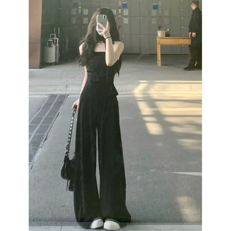 Black Tube Top Blazer and Wide-Leg Pants Set for Women, 2026 New Style, Elegant and Beautiful Early Spring Outfit