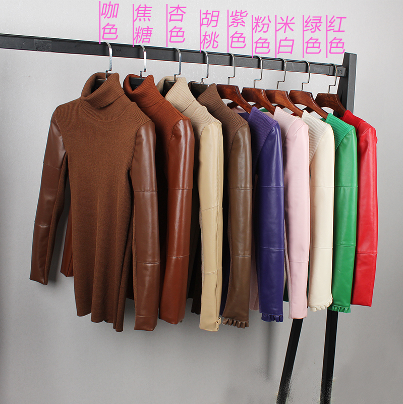 Genuine Leather Sleeve Base Shirt for Women, Winter Short Style, Thickened Cotton Sleeves, Colorful Sheepskin Knit Sweater, Turtleneck, Slim Fit, Trendy