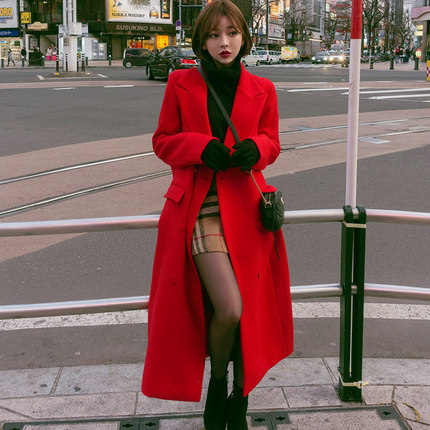 大红色呢子大衣女中长款韩版2018冬季过膝宽