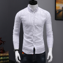  Mens long-sleeved shirt Autumn Korean slim-fit striped inch shirt youth free ironing business casual shirt Mens large size