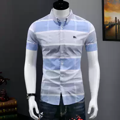 Men's short sleeve shirt summer thin cotton Korean casual inch shirt slim handsome trend men's plaid shirt