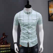 Plaid shirt mens short sleeve leisure trend summer cotton slim handsome Korean shirt youth mens shirt