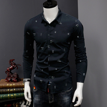  Spring shirt mens long-sleeved slim Korean version of the trend printing business shirt youth casual handsome mens black inch shirt