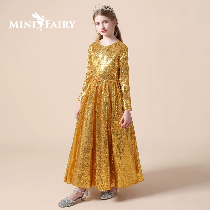 Cô gái catwalk váy váy mùa thu và mùa đông đính sequin dài tay trẻ em ngâm thơ trang phục biểu diễn cô gái nhỏ váy biểu diễn piano - Váy trẻ em