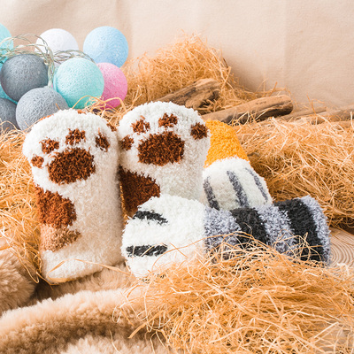 秋冬可爱猫爪珊瑚绒袜子3双