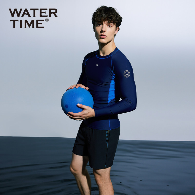 WaterTime男士长袖泳衣速干抗氯 防尴尬设计 深蓝双层泳裤