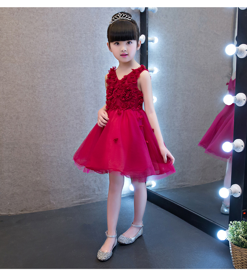Cô gái buổi tối váy fluffy màu đỏ trang phục trẻ em váy hoa cô gái chủ nhà nhỏ sinh nhật công chúa váy - Váy trẻ em shop quần áo trẻ em