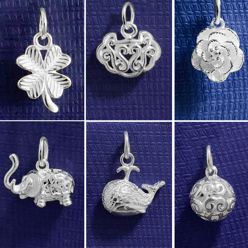 Decorated pure silver small pendant loving round ball four-leaf grass auspicious elephant palace Suzuki Ruyi lock crown tea flower pendant sub-leopard