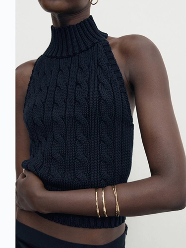 Трикотажная хлопковая футболка без рукавов, в стиле Шанель, с открытой спиной, высокий воротник