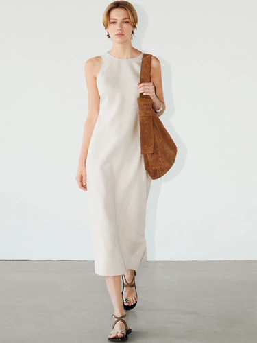 MD женское элегантное и классное льняное платье средней длины без рукавов в минималистском стиле с круглым вырезом 06696100712