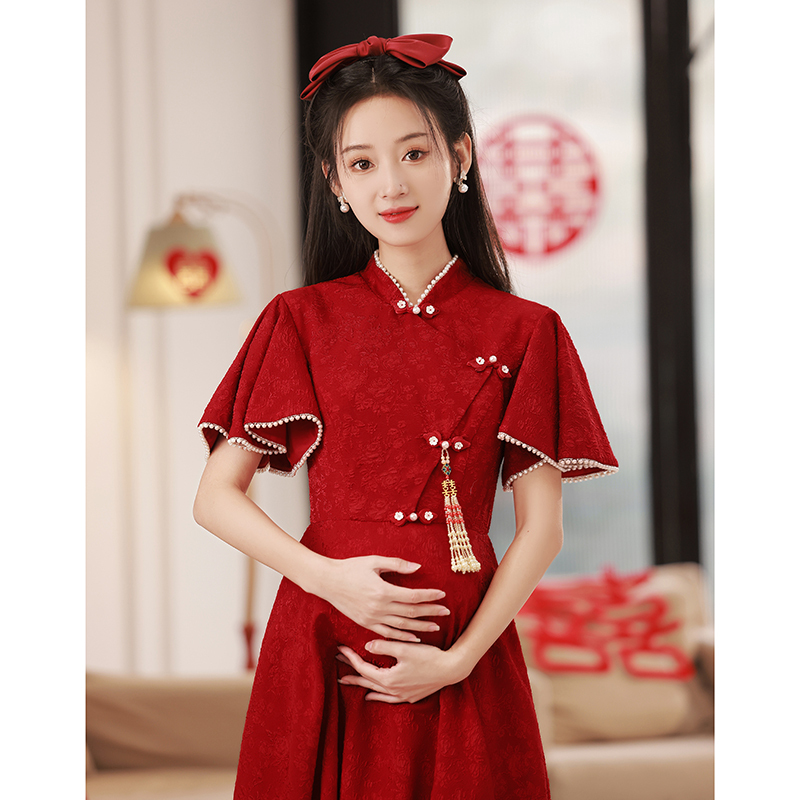 Qipao Toast Dress, Bride's Wedding Dress, 2025 New Style, Maternity Dress to Cover Belly, Petite Size, Burgundy Engagement Dress, Homecoming Dress