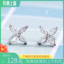 Pure Silver Plated Platinum Earrings Female Cross Drop Petal Earrings Four Paws Mosanstone Four-leaf Straw Jewellery