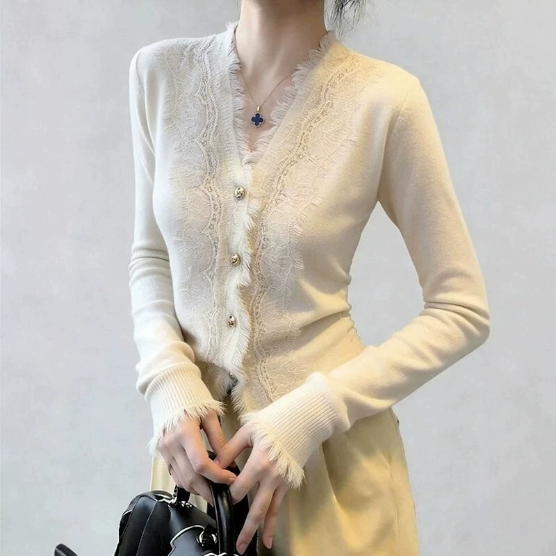 French-Style V-Neck White Frayed Lace Knit Cardigan for Women, Early Autumn Design, Slim-Fit Inner Layering Top